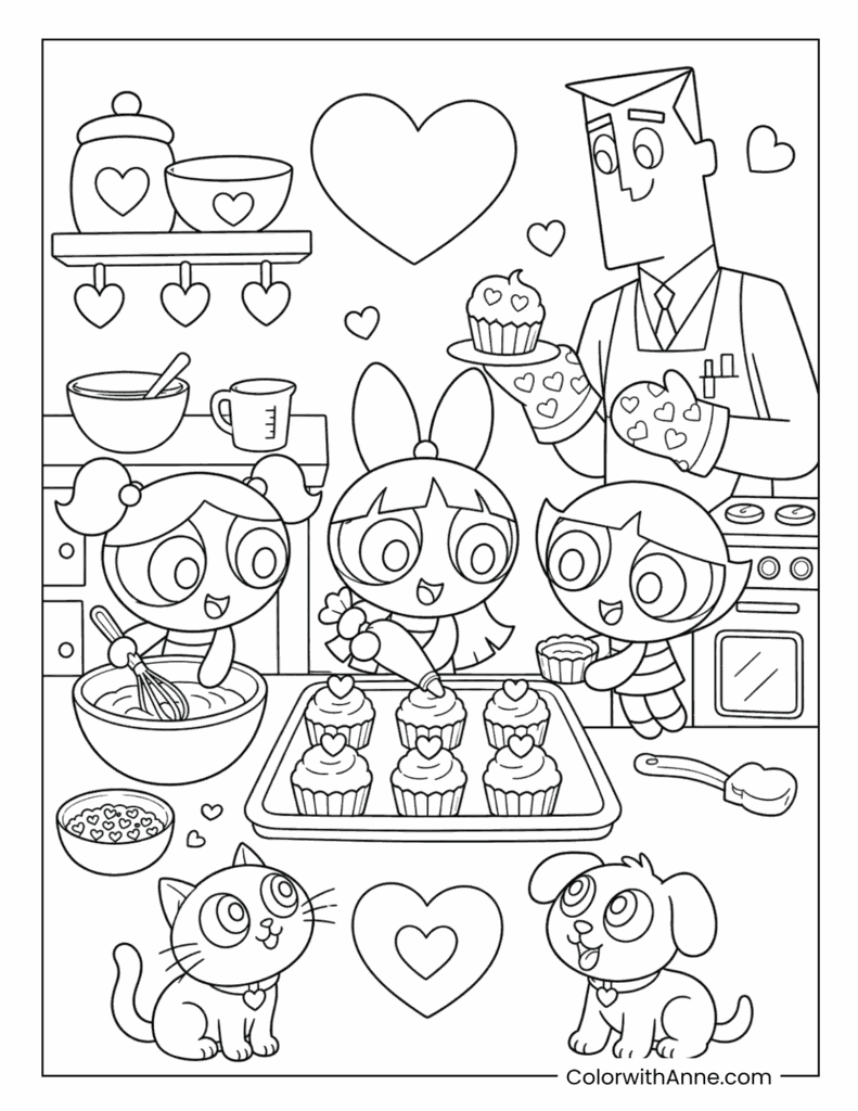 The Powerpuff Girls and Professor Utonium Baking Heart Cupcakes in the Kitchen Coloring Page