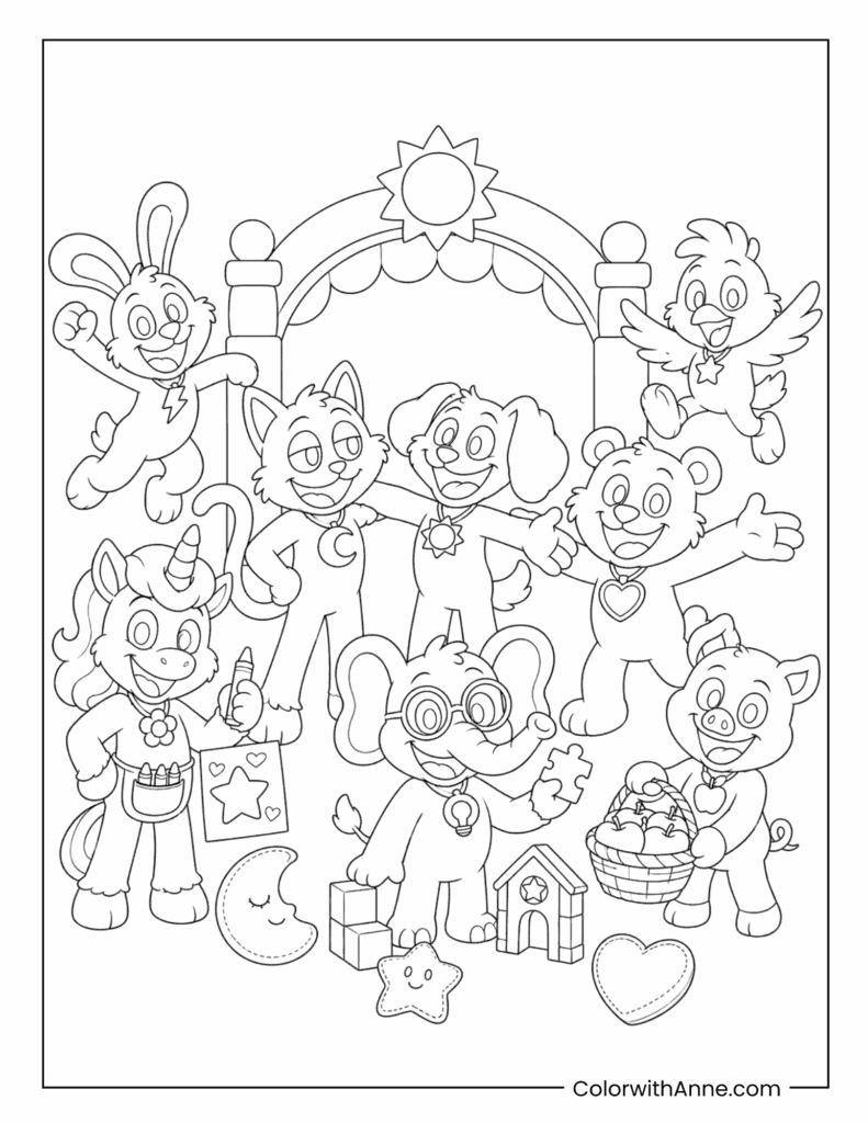 The Whole Smiling Critters Group Photo Coloring Page