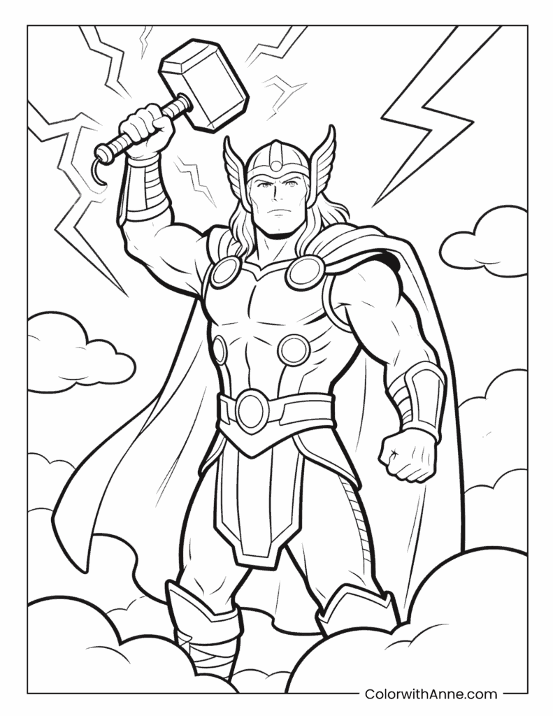 Thor Holding Hammer High with Lightning and Clouds Coloring Page