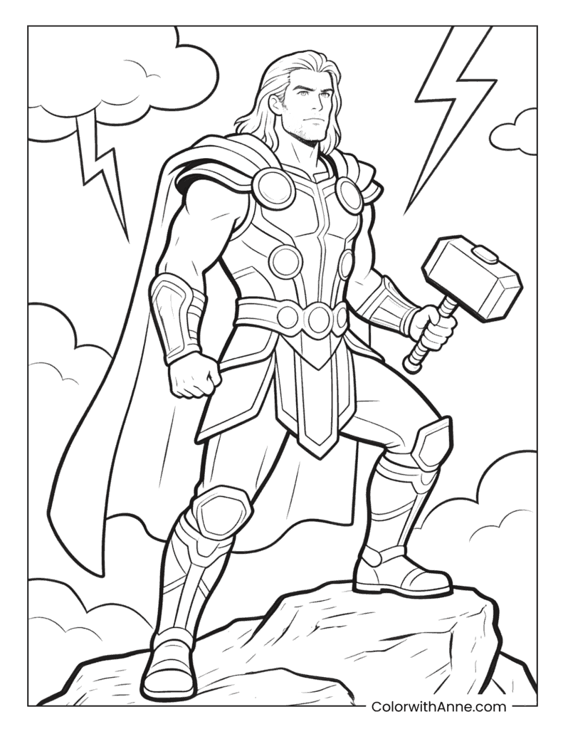 Thor Standing on a Rocky Cliff with Hammer and Lightning Coloring Page
