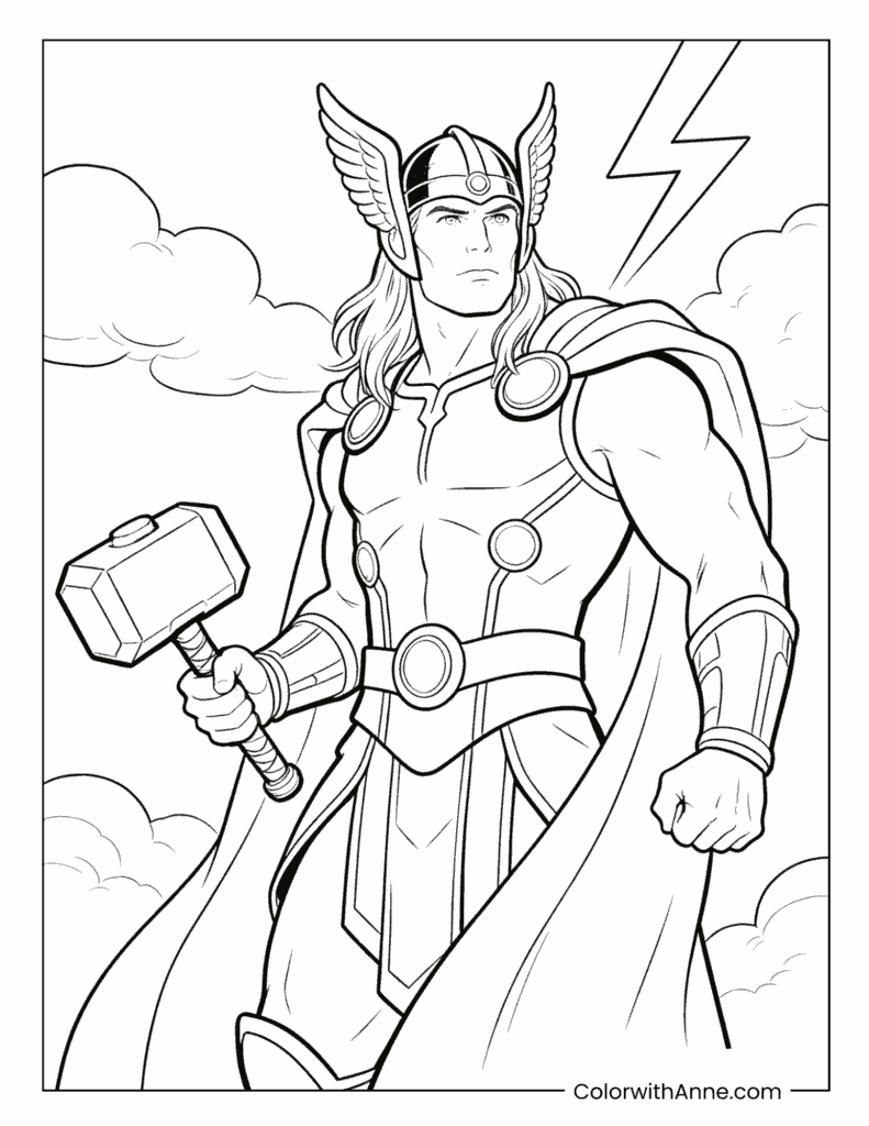 Thor with Hammer and Cape in Powerful Stance Coloring Page