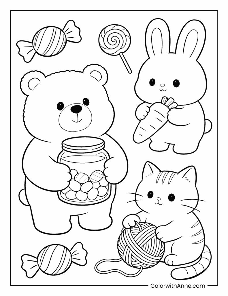 Three Animals with Sweet Treats Coloring Page