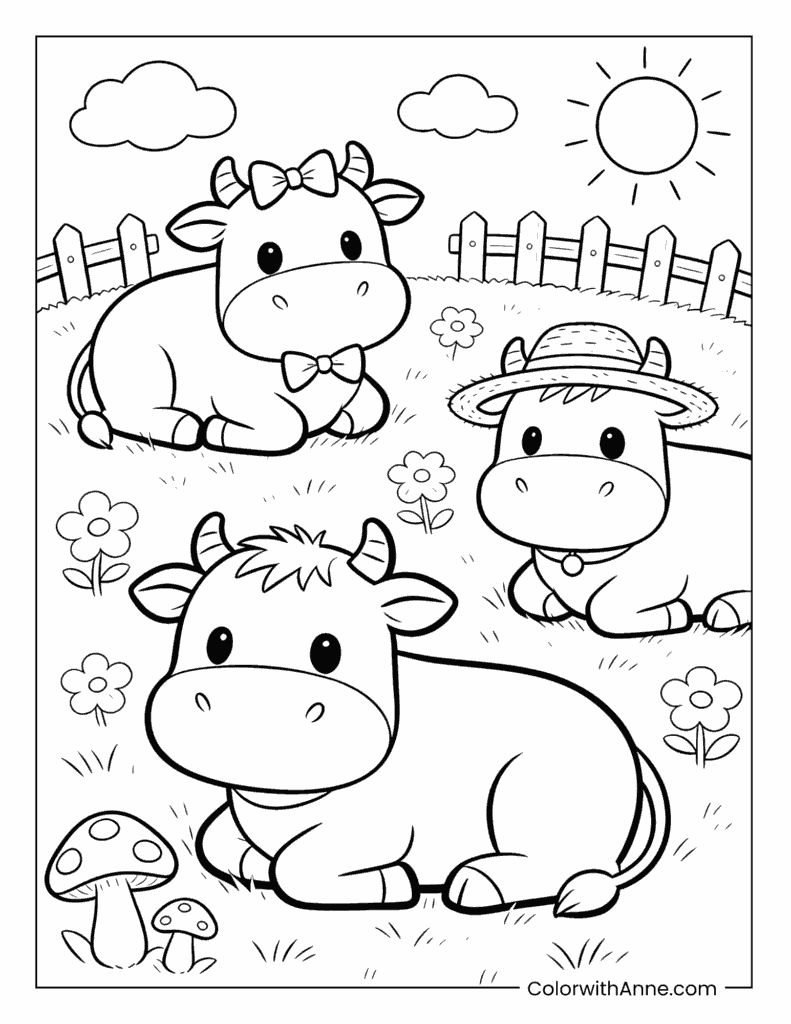 Three Cute Cows in a Sunny Field Coloring Page