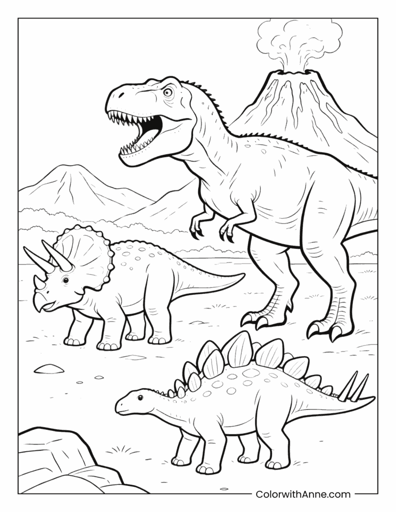 Three Dinosaurs T-Rex, Triceratops, and Stegosaurus with Volcano Coloring Page