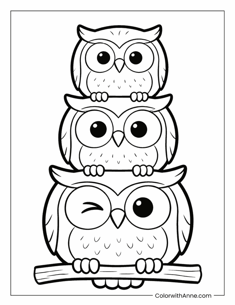 Three Stacked Owls on a Branch Coloring Page
