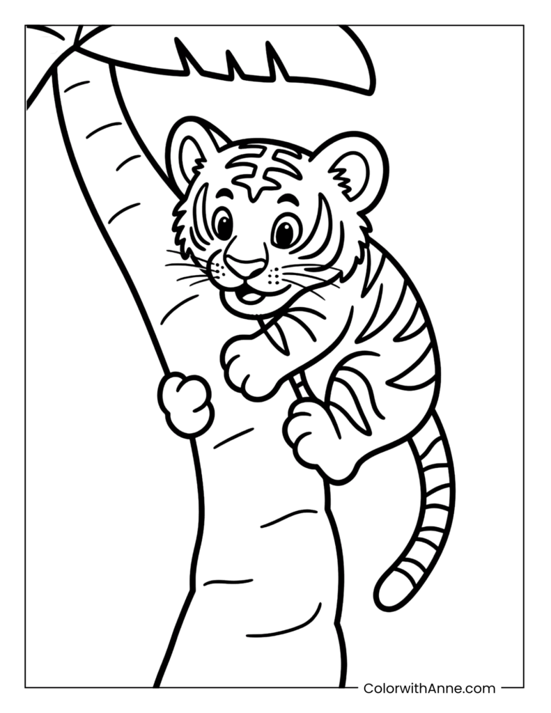 Tiger Clinging to a Palm Trunk Coloring Page