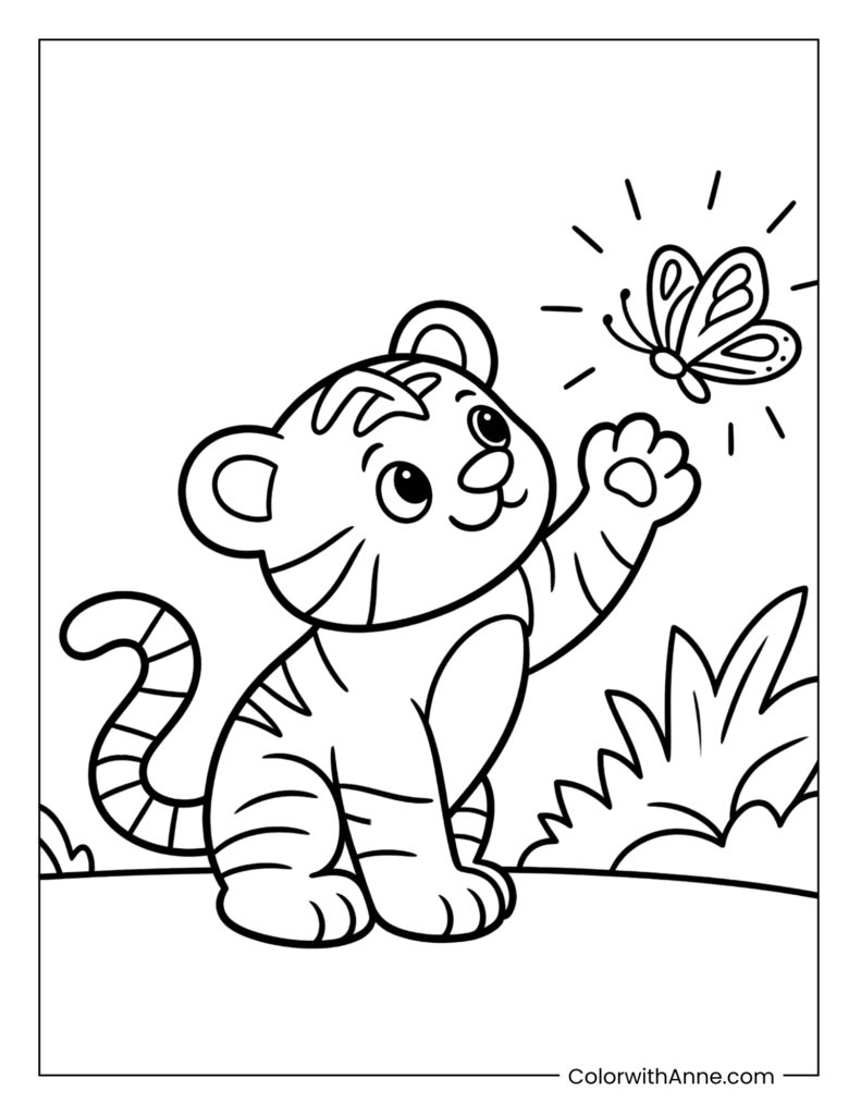 Tiger Cub Playing with Butterlies Coloring Page