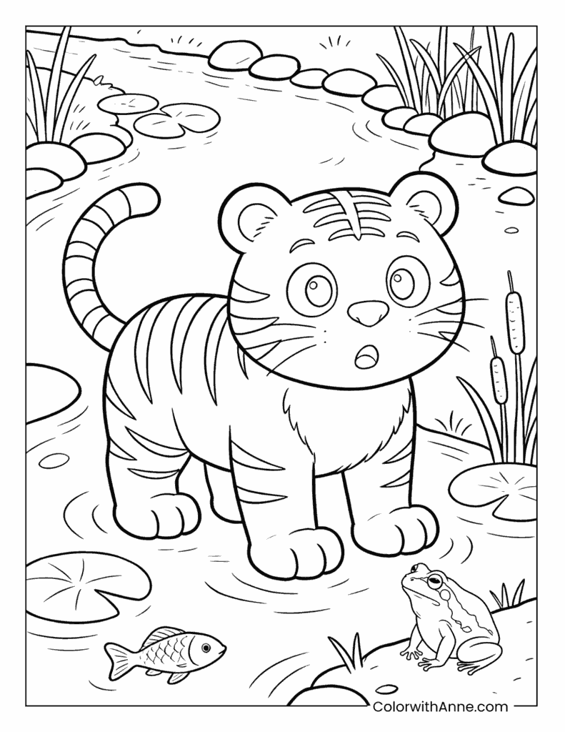 Tiger Exploring the Pond Coloring Page