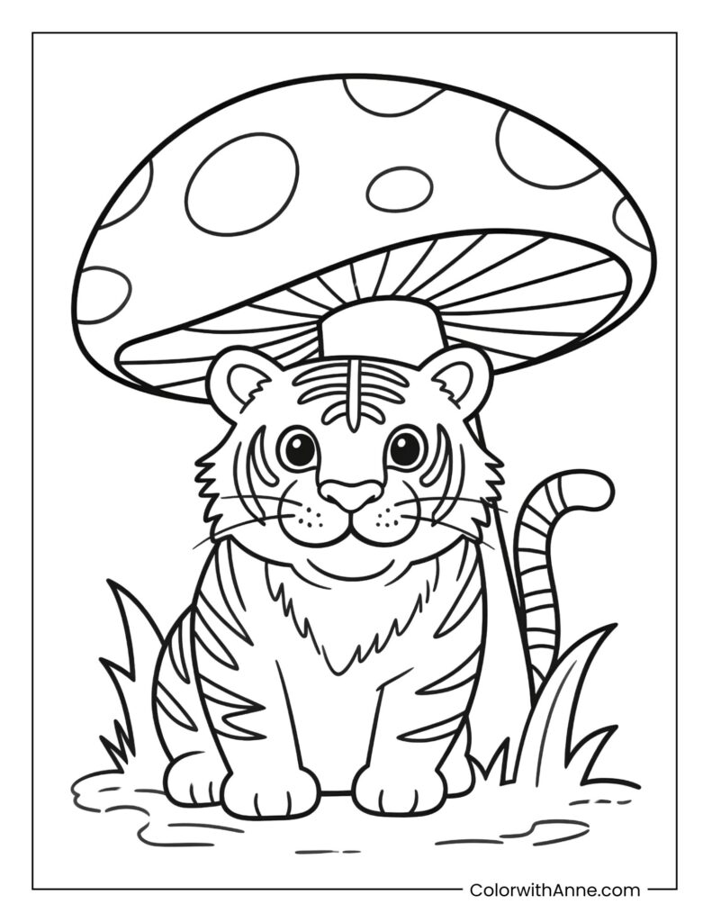 Tiger Hiding Under a Giant Mushroom Coloring Page