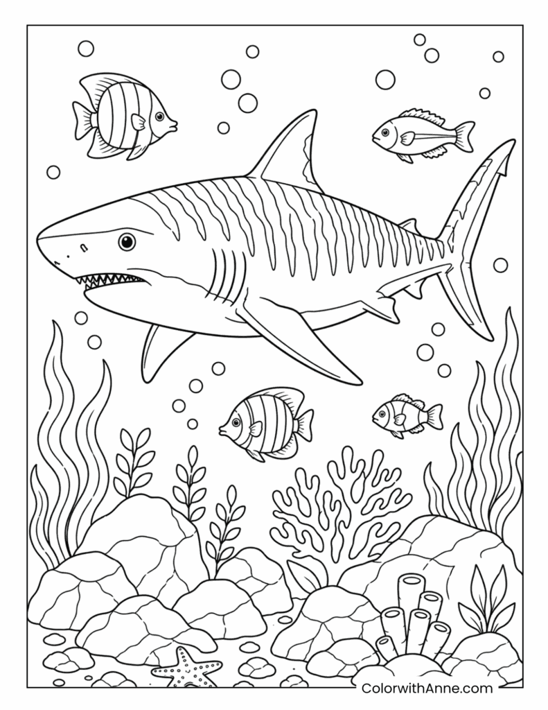 Tiger Shark Exploring a Colorful Coral Reef Coloring Page