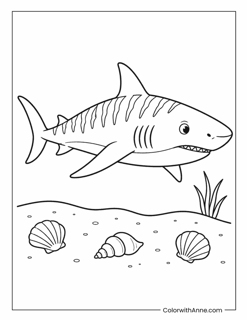 Tiger Shark Swimming Above Seashells Coloring Page