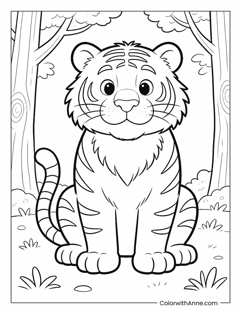 Tiger Sitting in the Forest Coloring Page