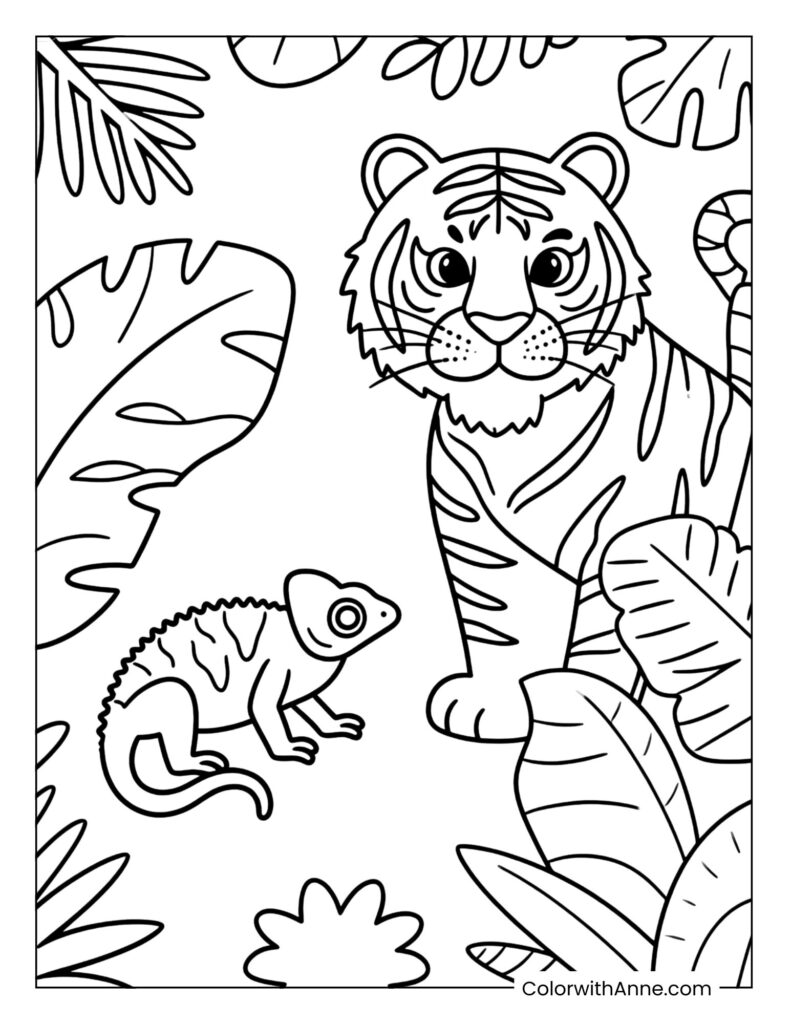 Tiger and Chameleon in the Forest Coloring Page