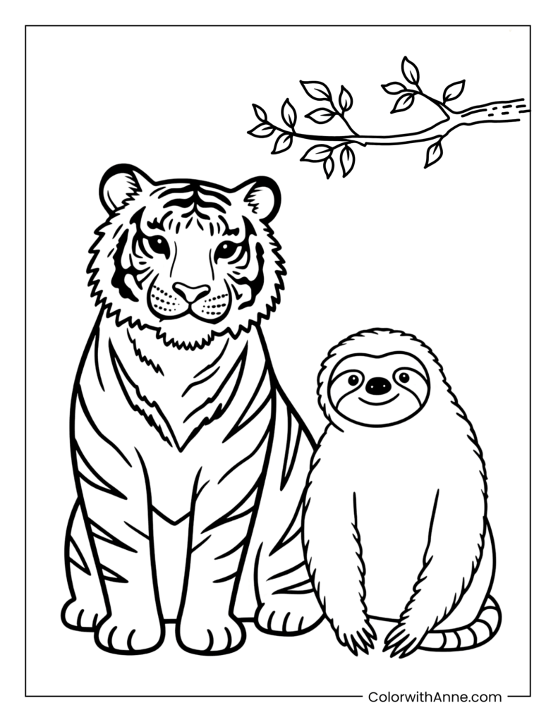 Tiger and Sloth Playing Together Coloring Page
