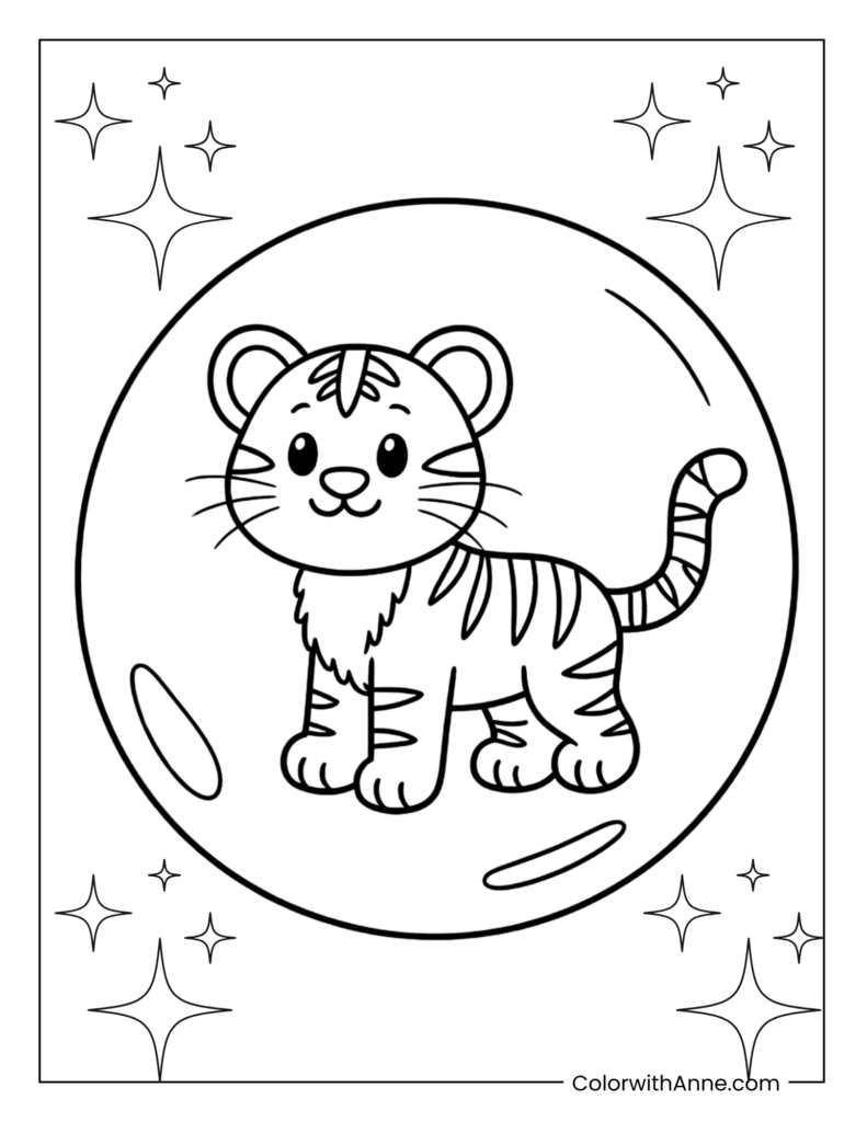 Tiger Cub in a Floating Bubble Coloring Page