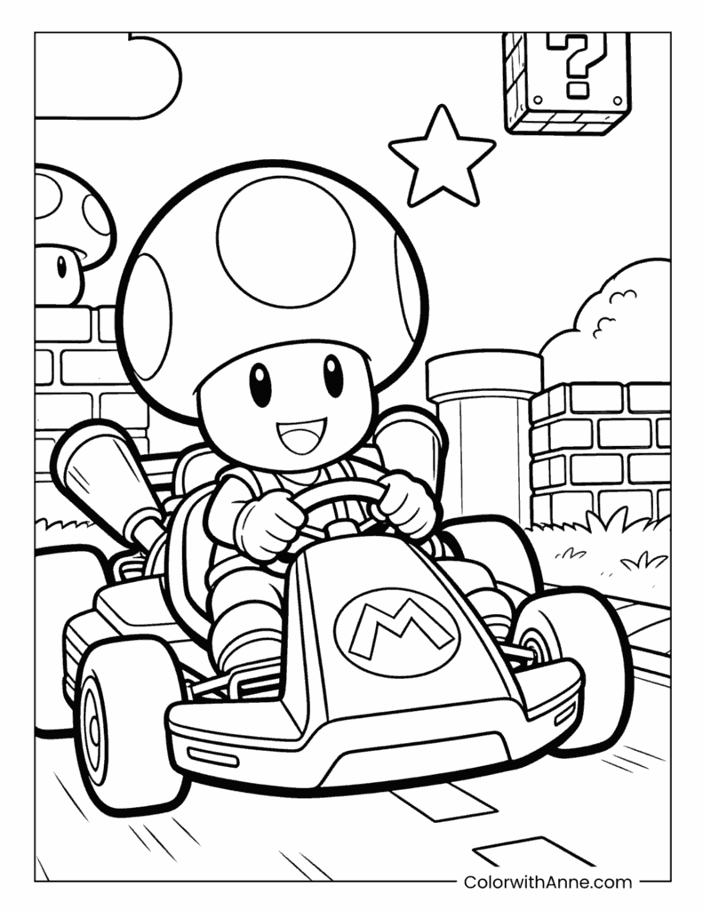 Toad Driving a Mario Kart Racing Car Coloring Page