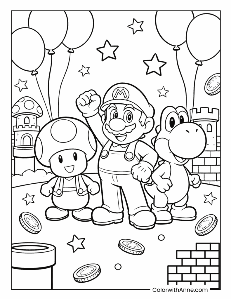 Toad, Mario and Yoshi Group Super Mario Friends Coloring Page