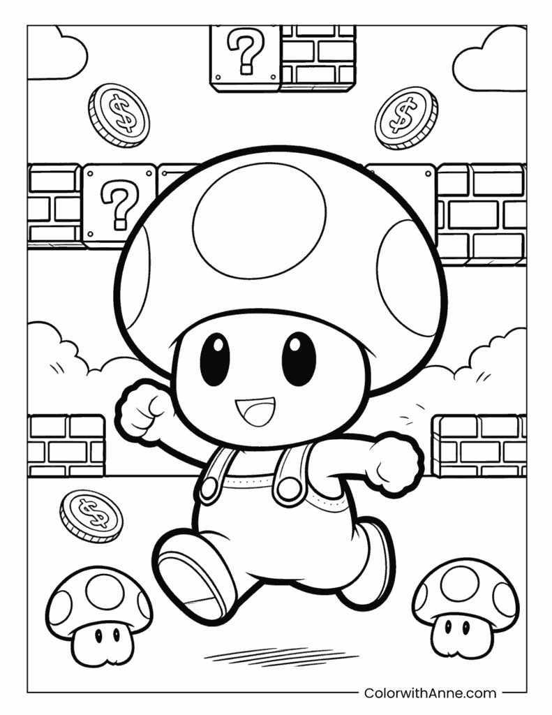 Toad Running Past Blocks and Coins Game Scene Coloring Page