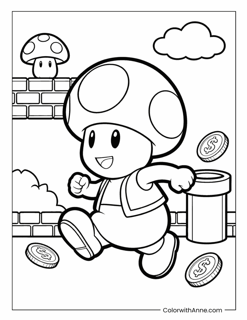 Toad Running with Coins Super Mario Coloring Page