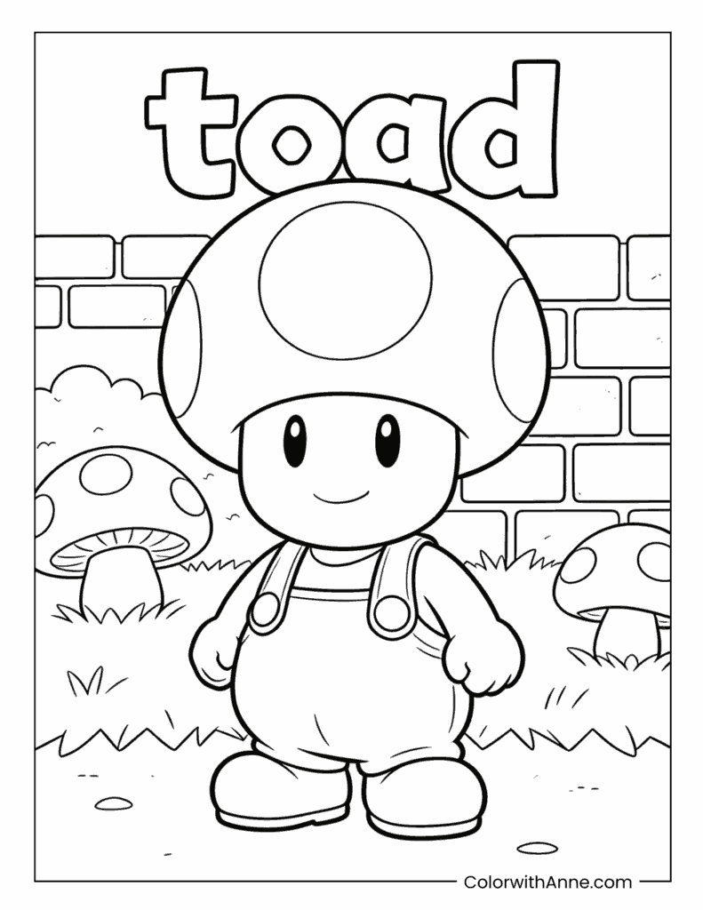 Toad Standing and Smiling with Mushrooms Coloring Page