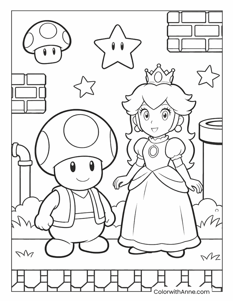 Toad and Princess Peach Together Classic Duo Coloring Page