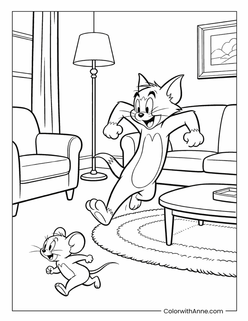 Tom Chasing Jerry in the Living Room Classic Coloring Page