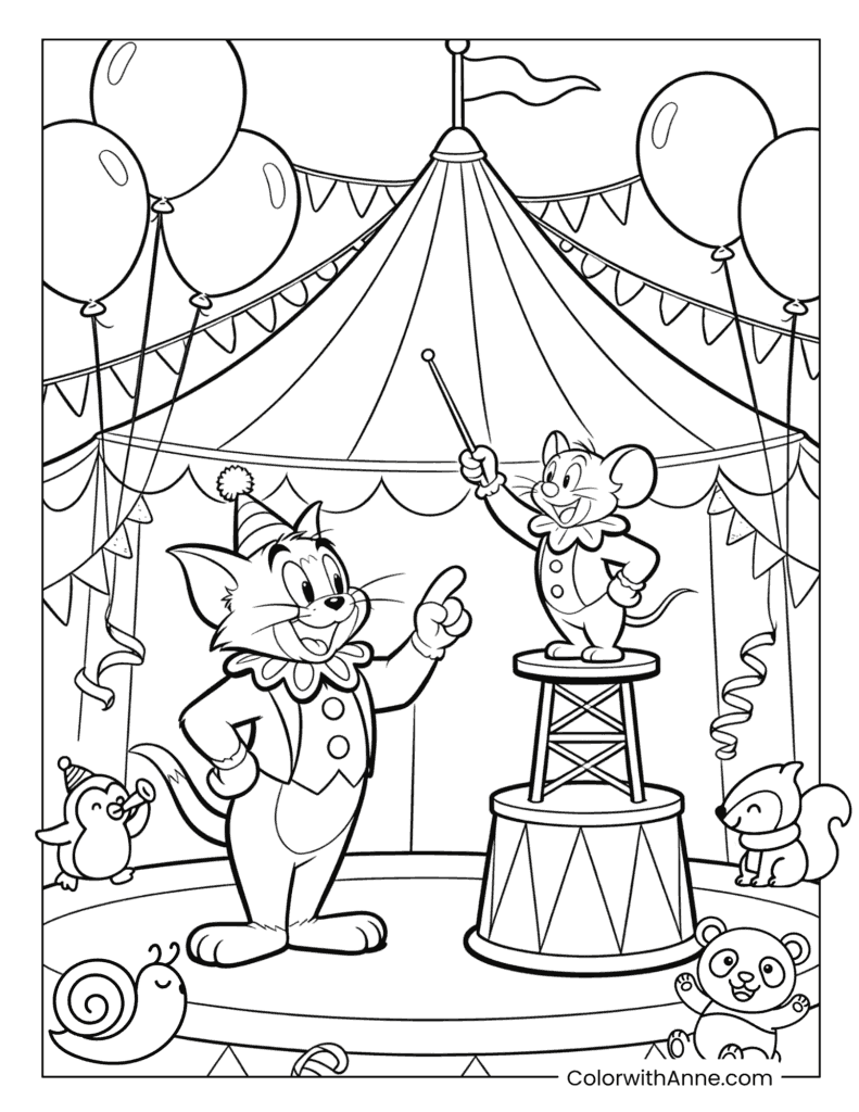 Tom and Jerry Circus Party with Animal Friends Coloring Page