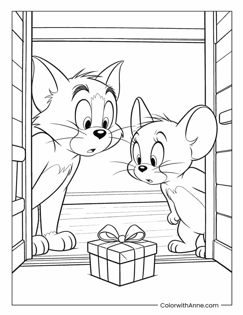 Tom and Jerry Curious About a Gift Box Coloring Page