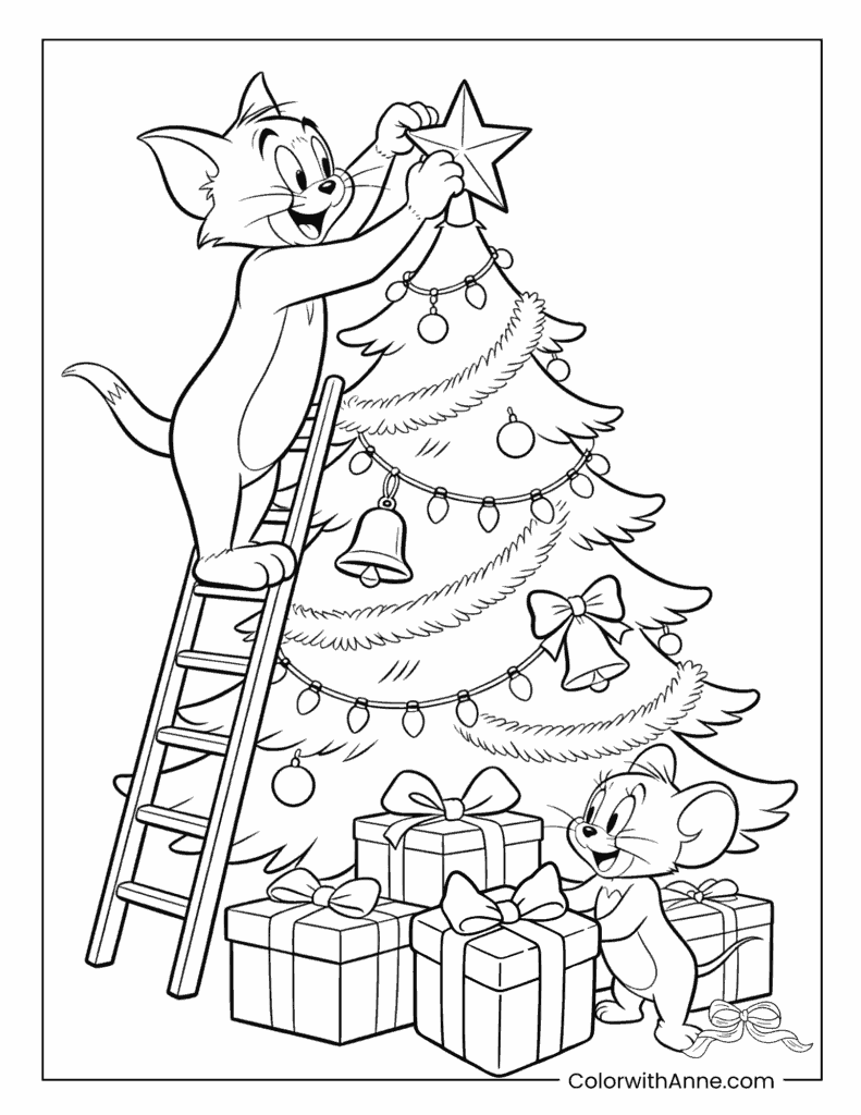 Tom and Jerry Decorating Christmas Tree Together Coloring Page