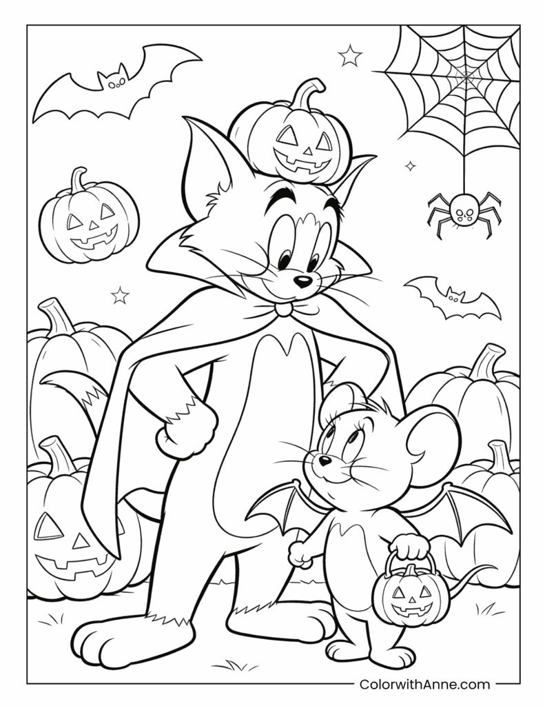 Tom and Jerry Halloween with Pumpkin Costumes Coloring Page
