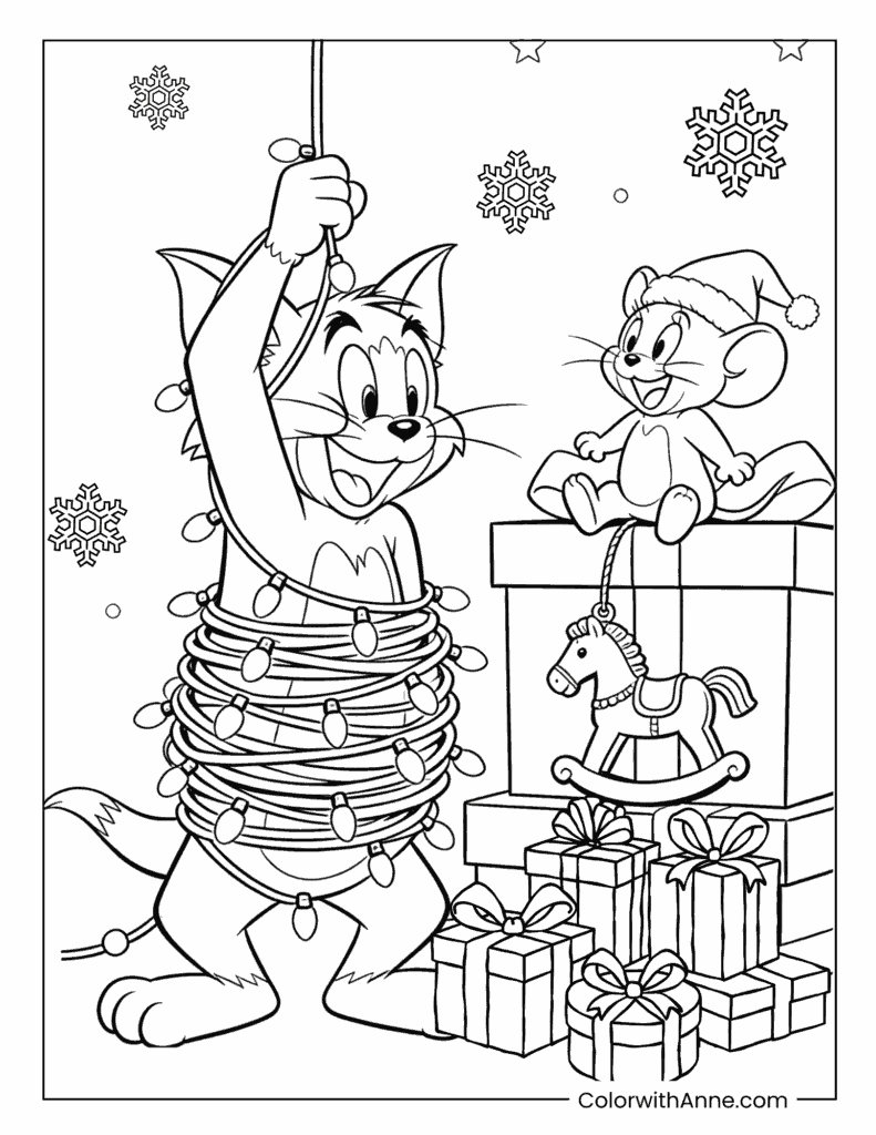 Tom and Jerry Merry Christmas with Lights and Gifts Coloring Page