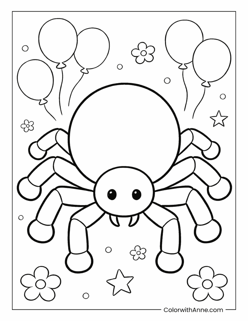 Toothy Spider with Party Balloons Coloring Page