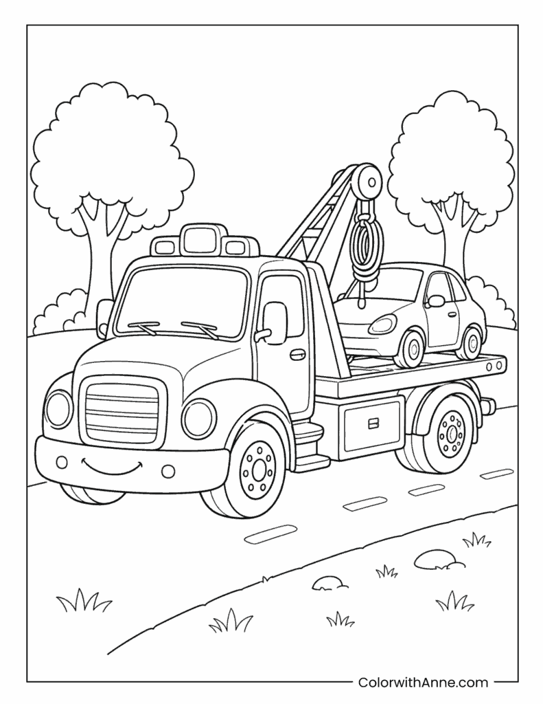 Tow Truck Rescuing Broken Car On Road Coloring Page