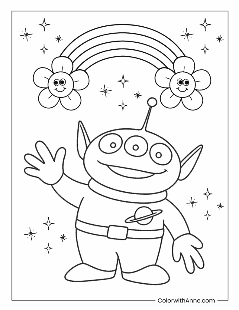 Toy Alien Waving Under a Rainbow Coloring Page