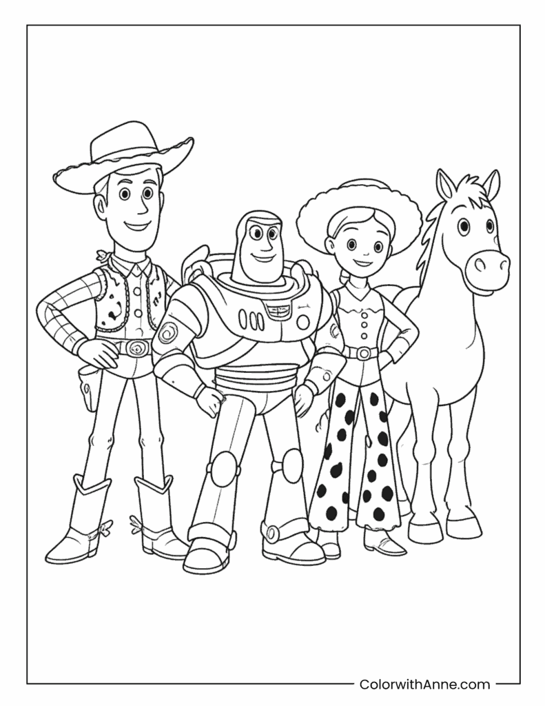 Toy Story Friends Standing Together Proudly Coloring Page