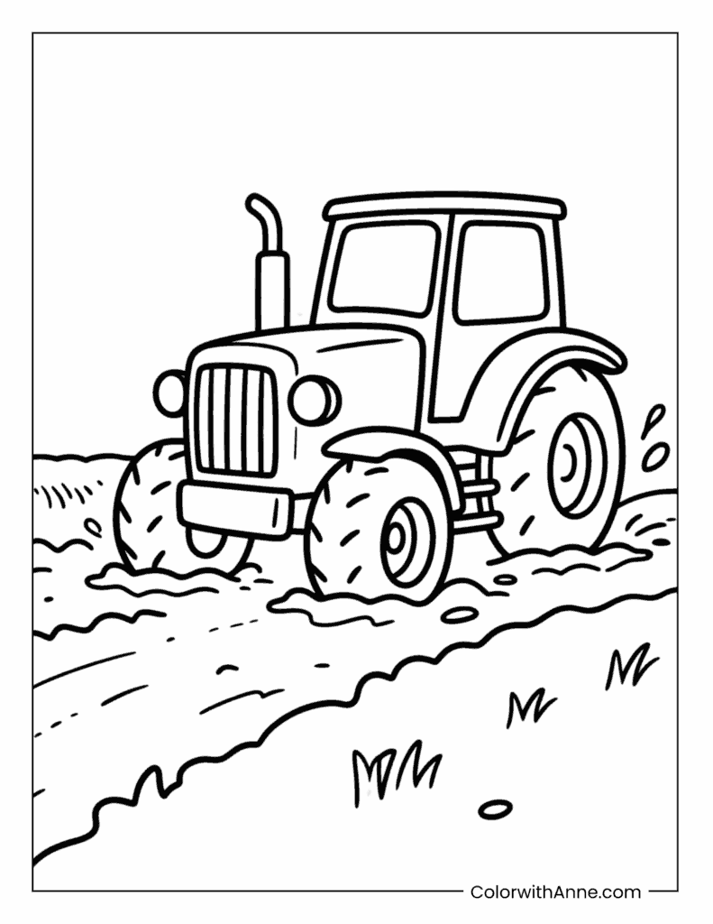 Tractor Driving Through a Muddy Field Coloring Page