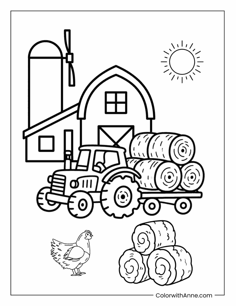 Tractor Pulling a Load of Hay Bales Coloring Page