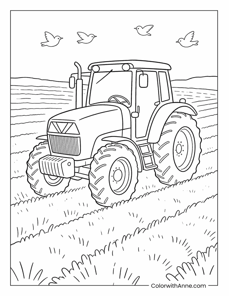 Tractor Working in the Plowed Field Coloring Page