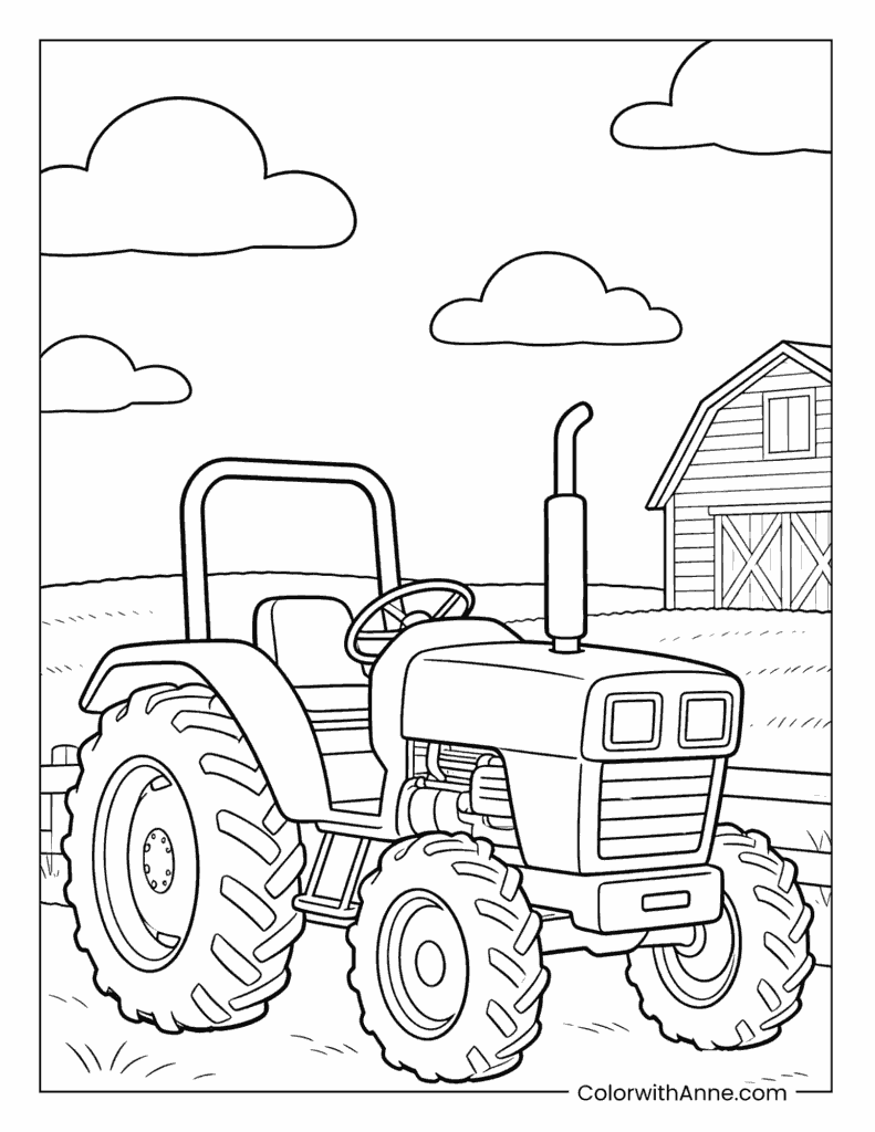 Tractor and Barn on the Farm Coloring Page