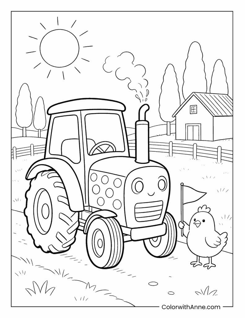 Tractor and Chick on the Farm Coloring Page