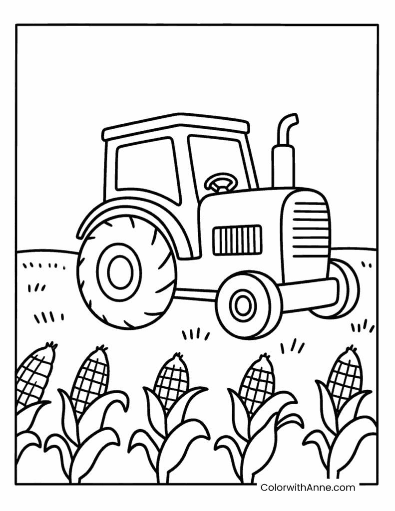 Tractor in a Cornfield Coloring Page
