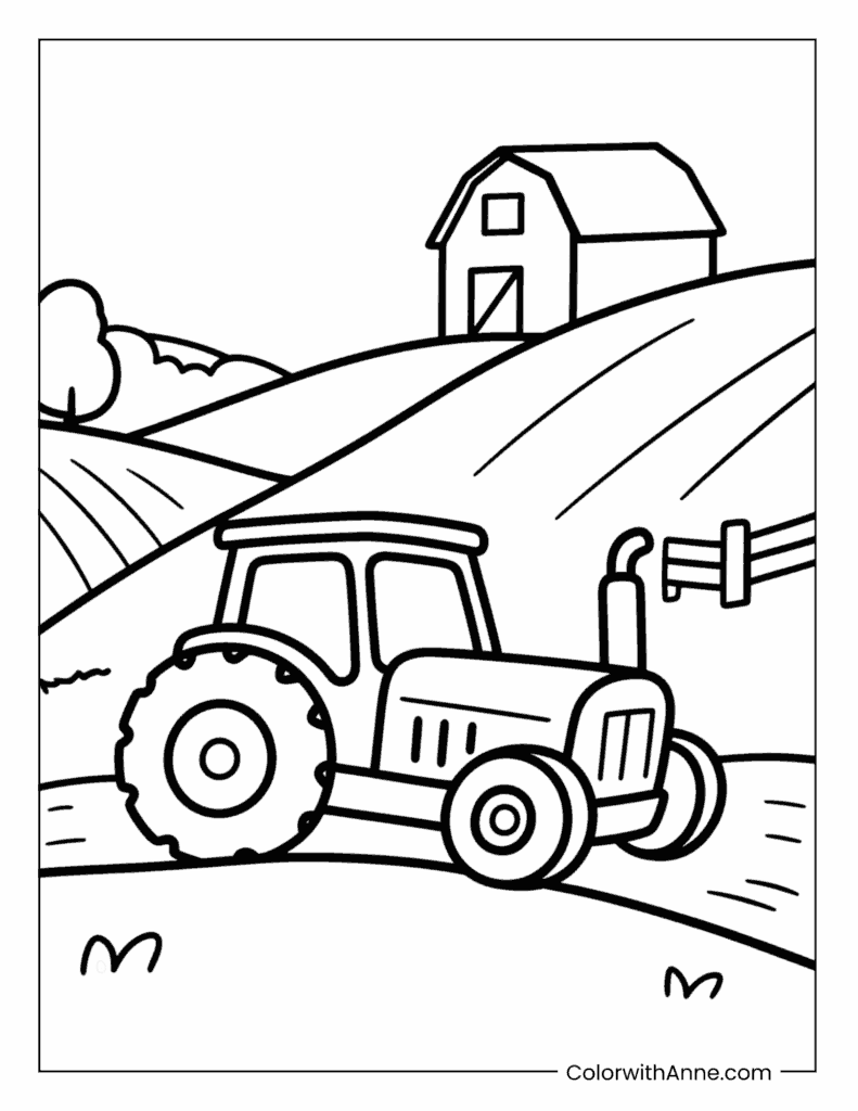 Tractor on a Hillside Farm Coloring Page