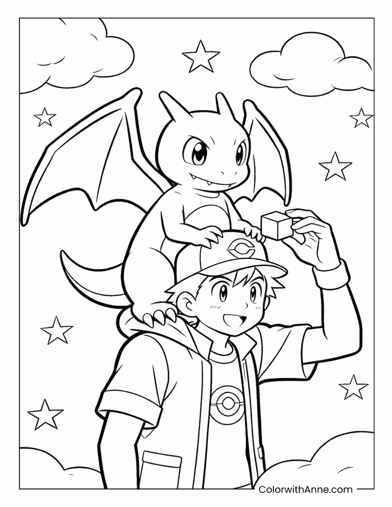 Trainer and Charizard on an Adventure Coloring Page