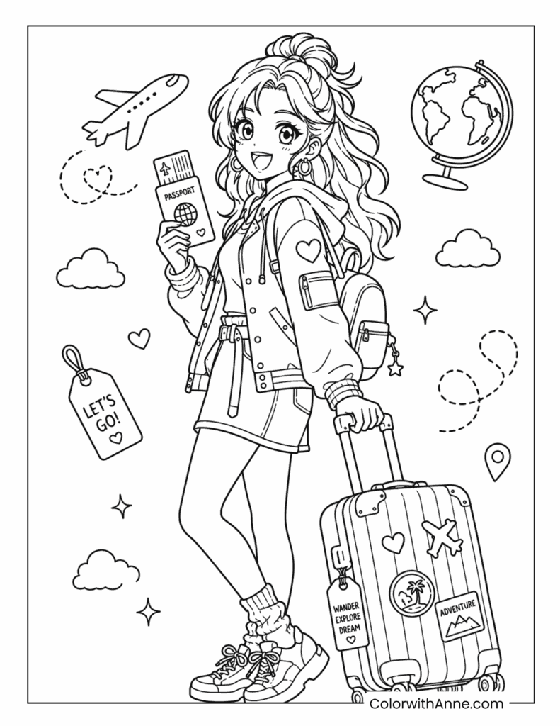 Travel Girl with Passport and Suitcase Coloring Page