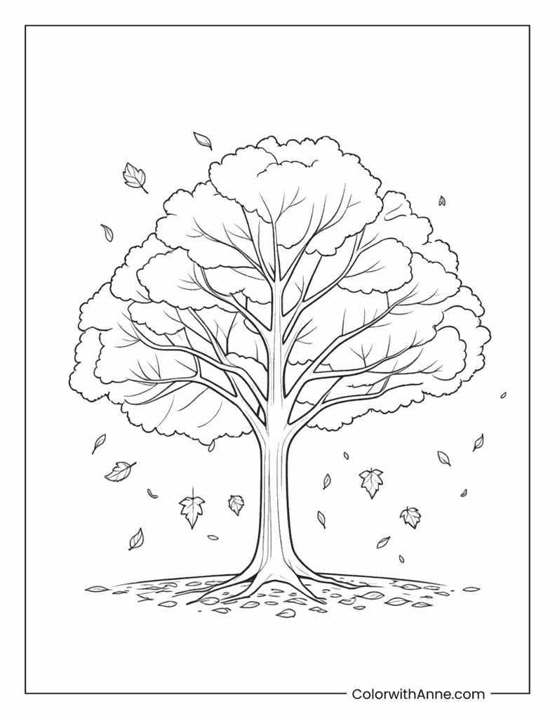 Tree with Falling Leaves Coloring Page