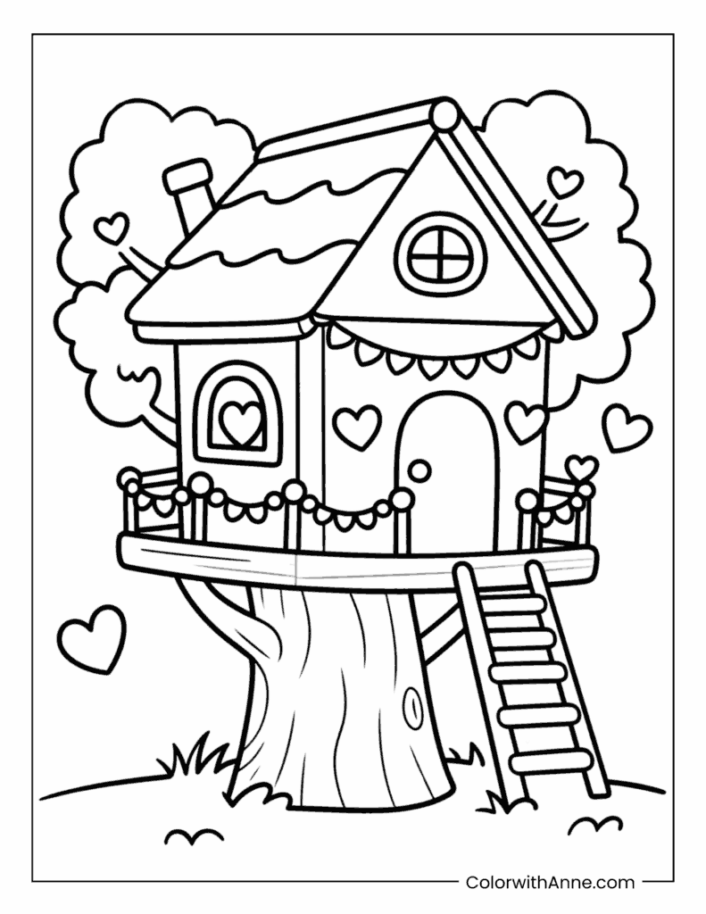 Treehouse Decorated for Valentine’s Day Coloring Page