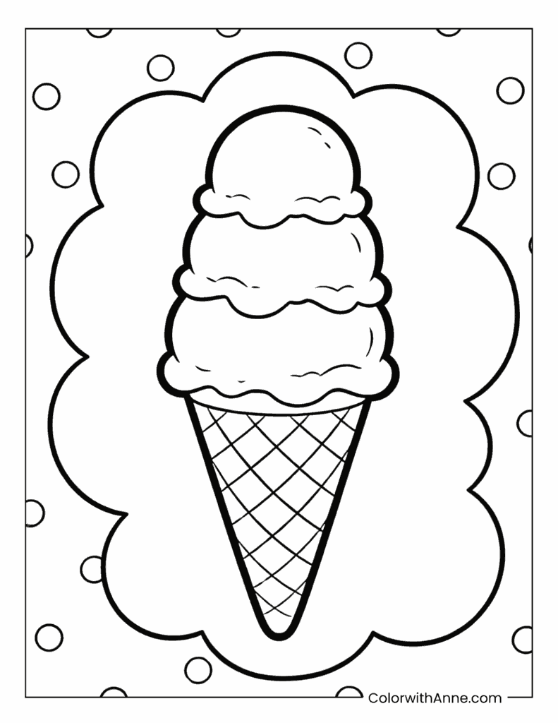 Triple-Scoop Cone in a Decorative Border Coloring Page