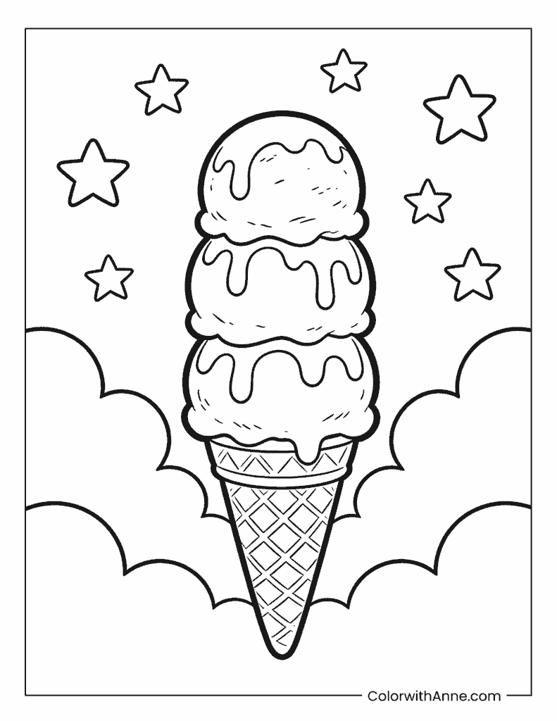 Triple-Scoop Ice Cream Cone with Sprinkles Coloring Page