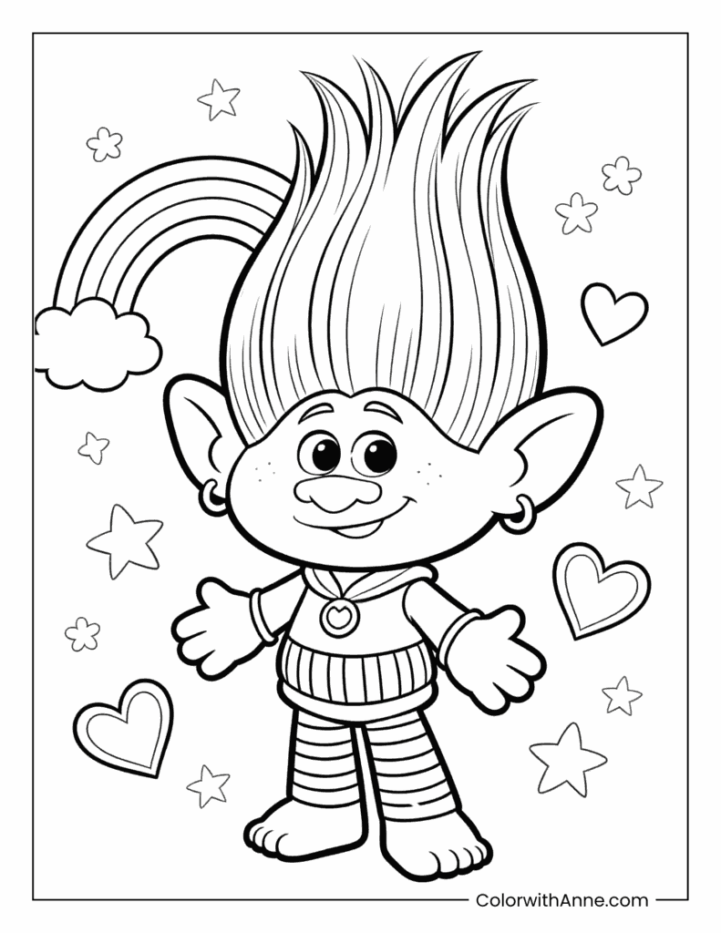 Trolls Boy Dancing with Rainbows and Hearts Coloring Page