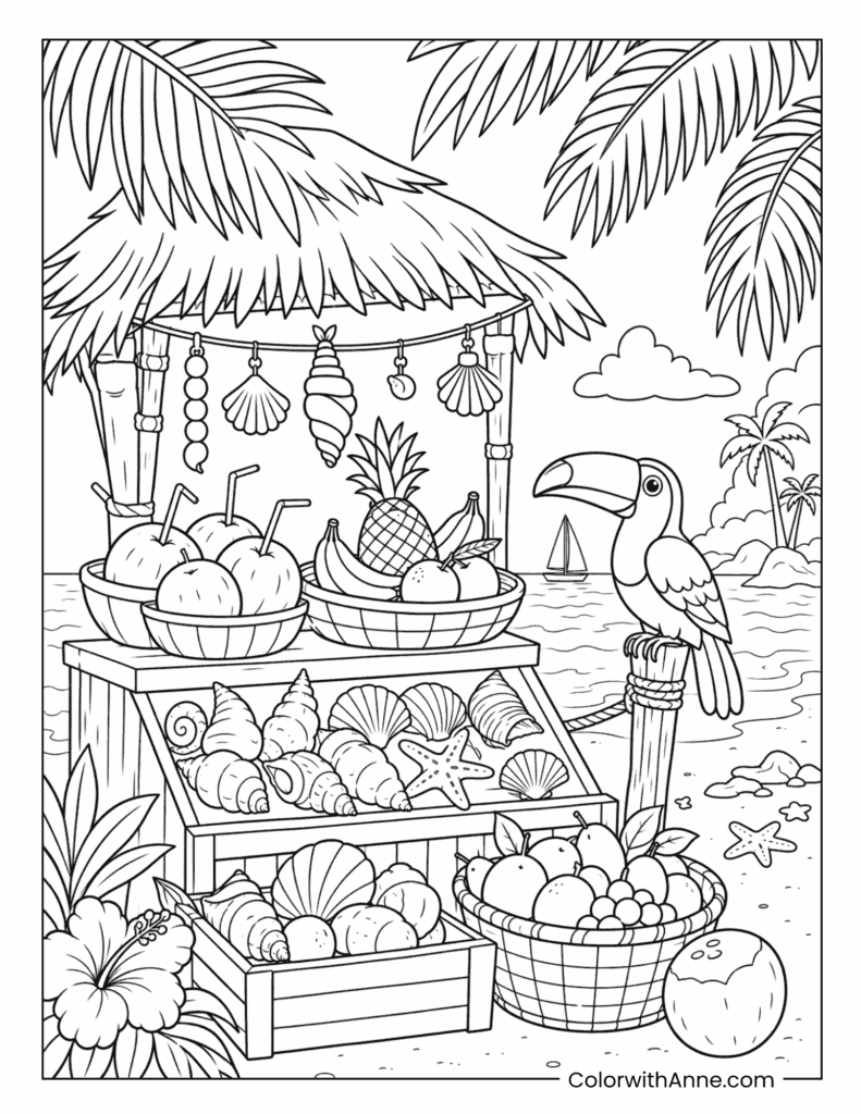 Tropical Beach Market with Seashells and Toucan Coloring Page